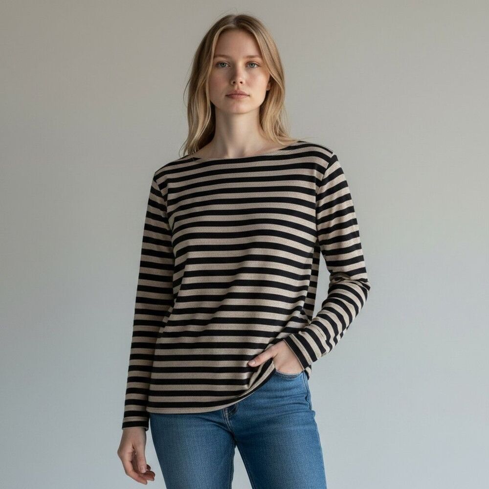 Eileen Fisher Italian 100% Merino Wool Sweater Size XL Beige/Black Striped Boat